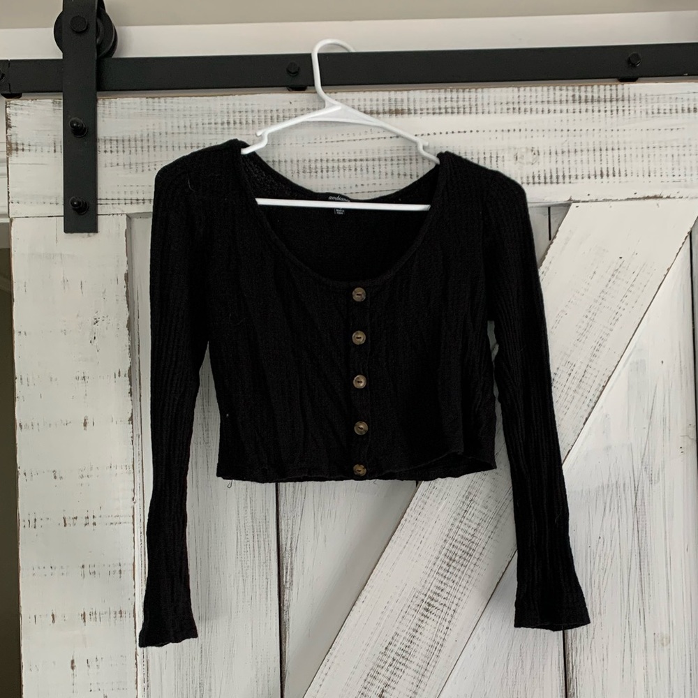Black Crop Top Waffle Sweater